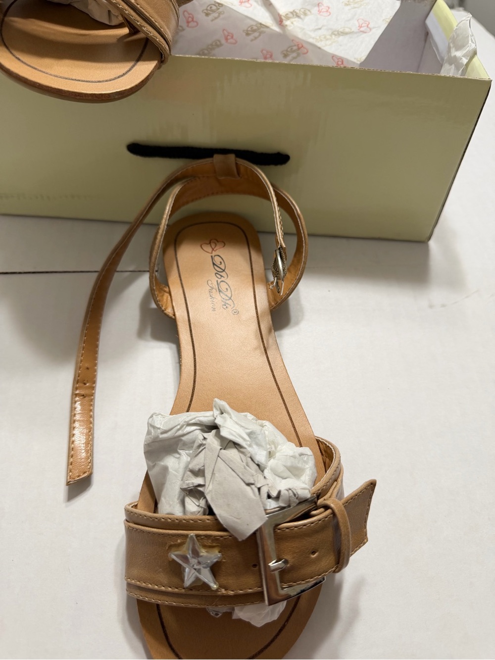 Tan Star-Buckle Ankle-Strap Sandals
